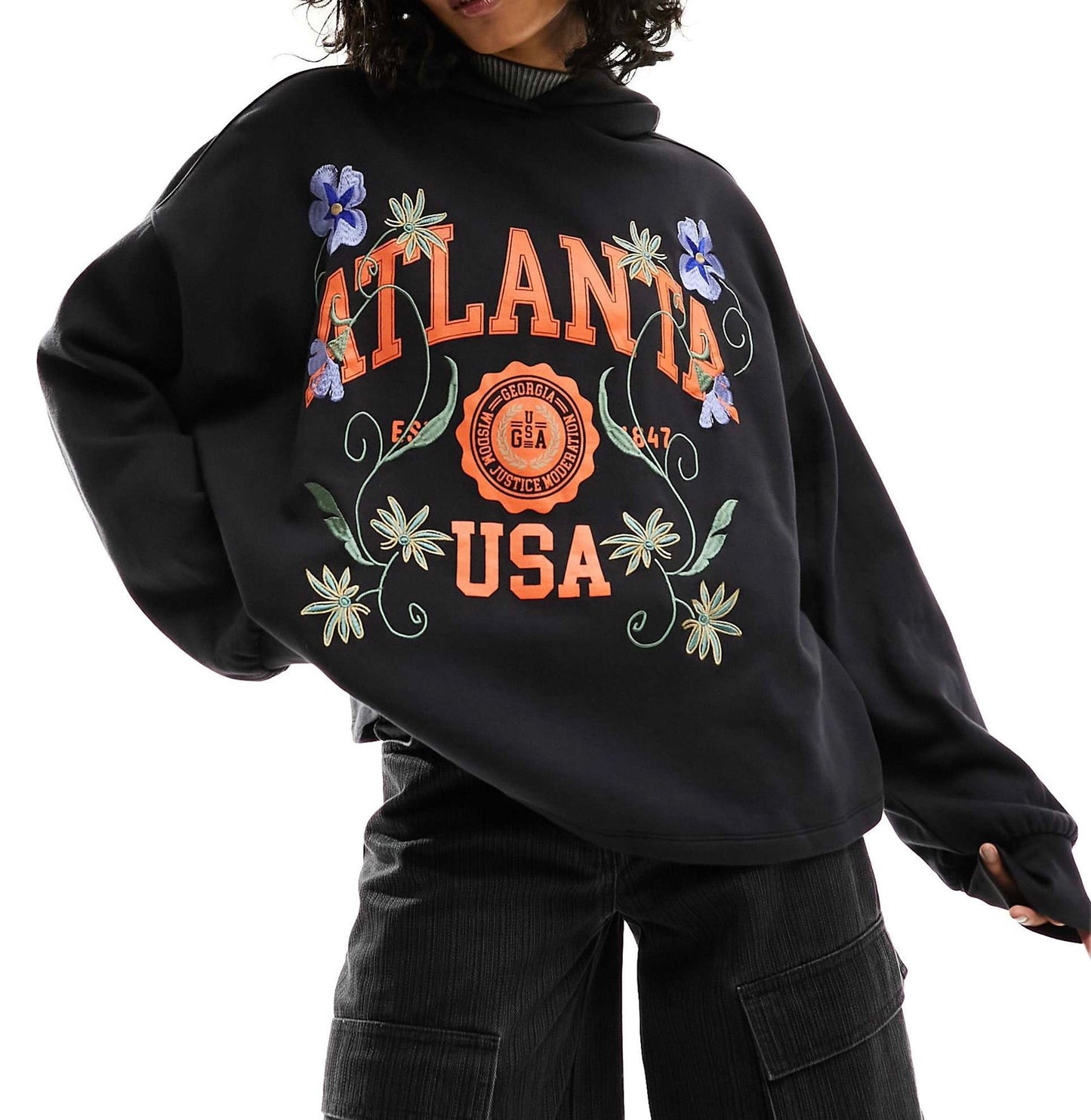 ASOS DESIGN oversized hoodie with embroidered atlanta graphic in black
