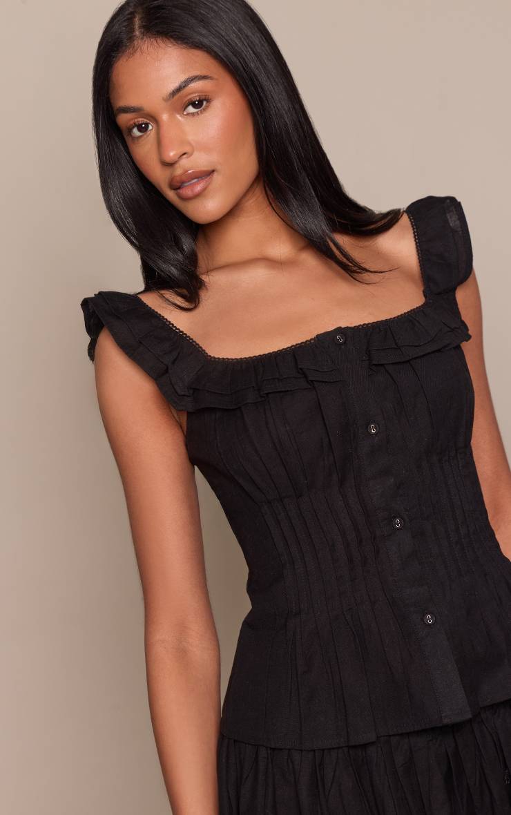 PrettyLittleThing Black Cotton Square Frill Neck Pleated Top.