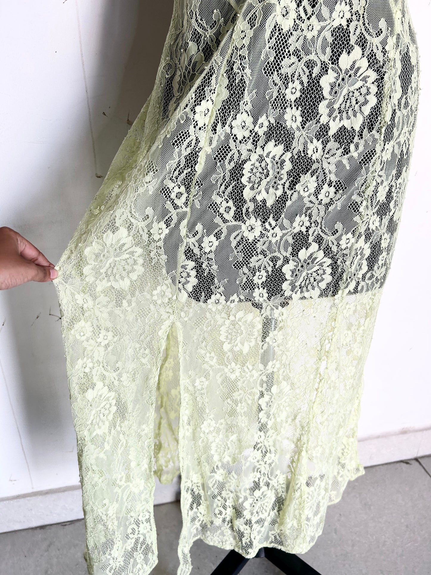 Miss Selfridge festival lace sheer strappy midi dress in lime green