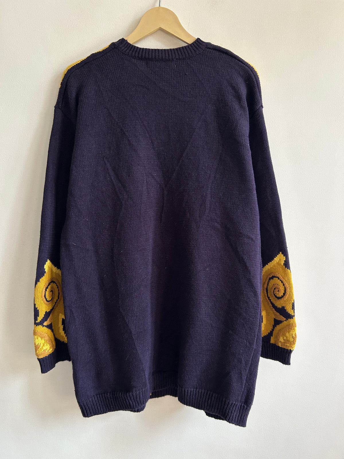 Vintage Baroque Gold Scrollwork Navy Blue Sweater