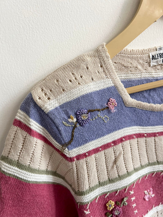 Vintage Striped Floral Embroidered Top