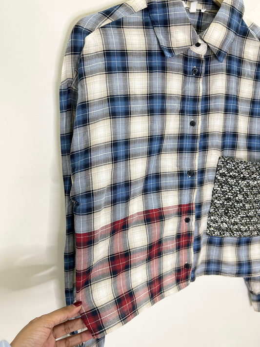 Crop Checked Shirt with Tweed Pocket