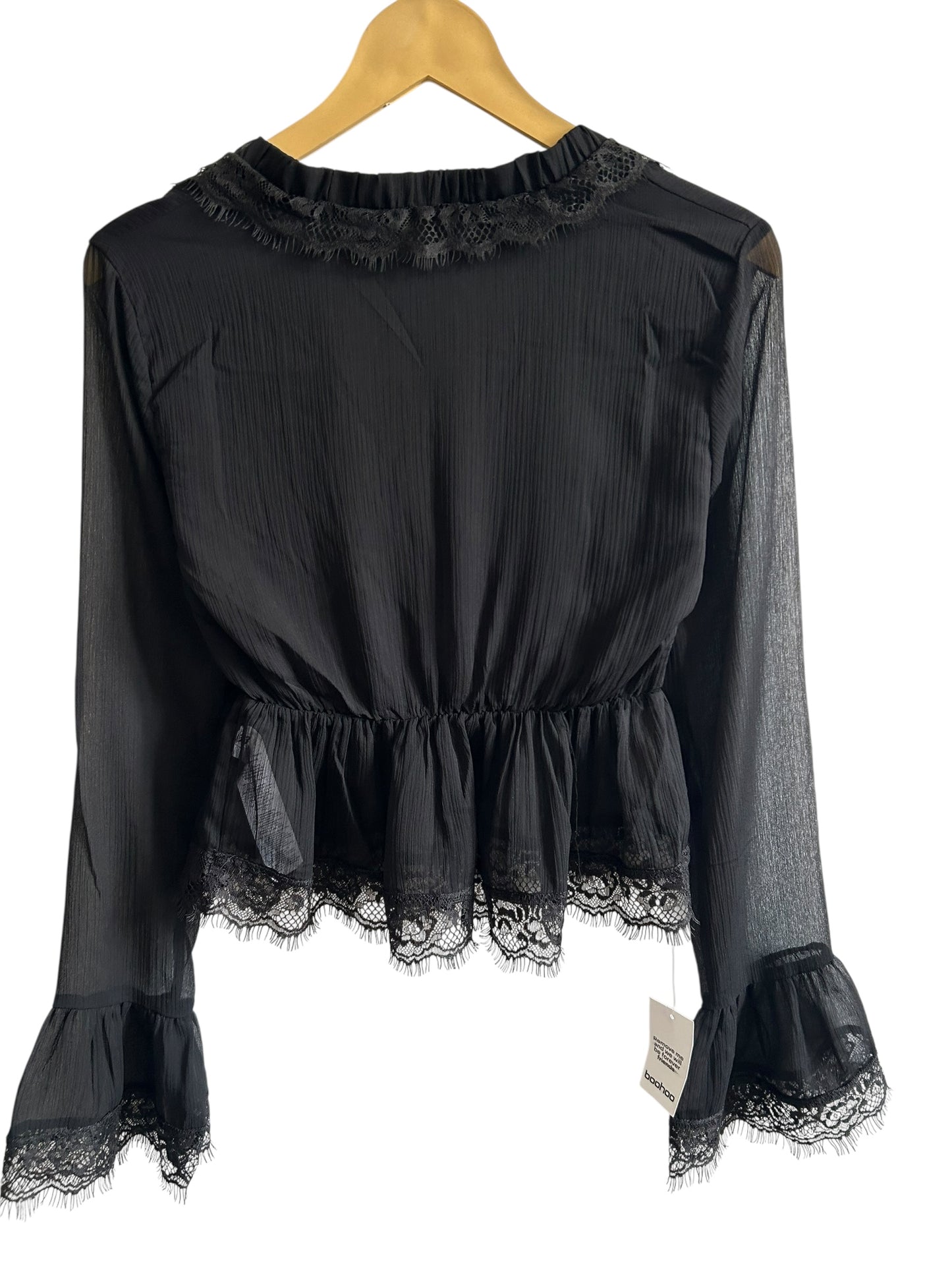 BOOHOO lace trim chiffon ruffle blouse with sheer sleeves and a plunging v-neckline