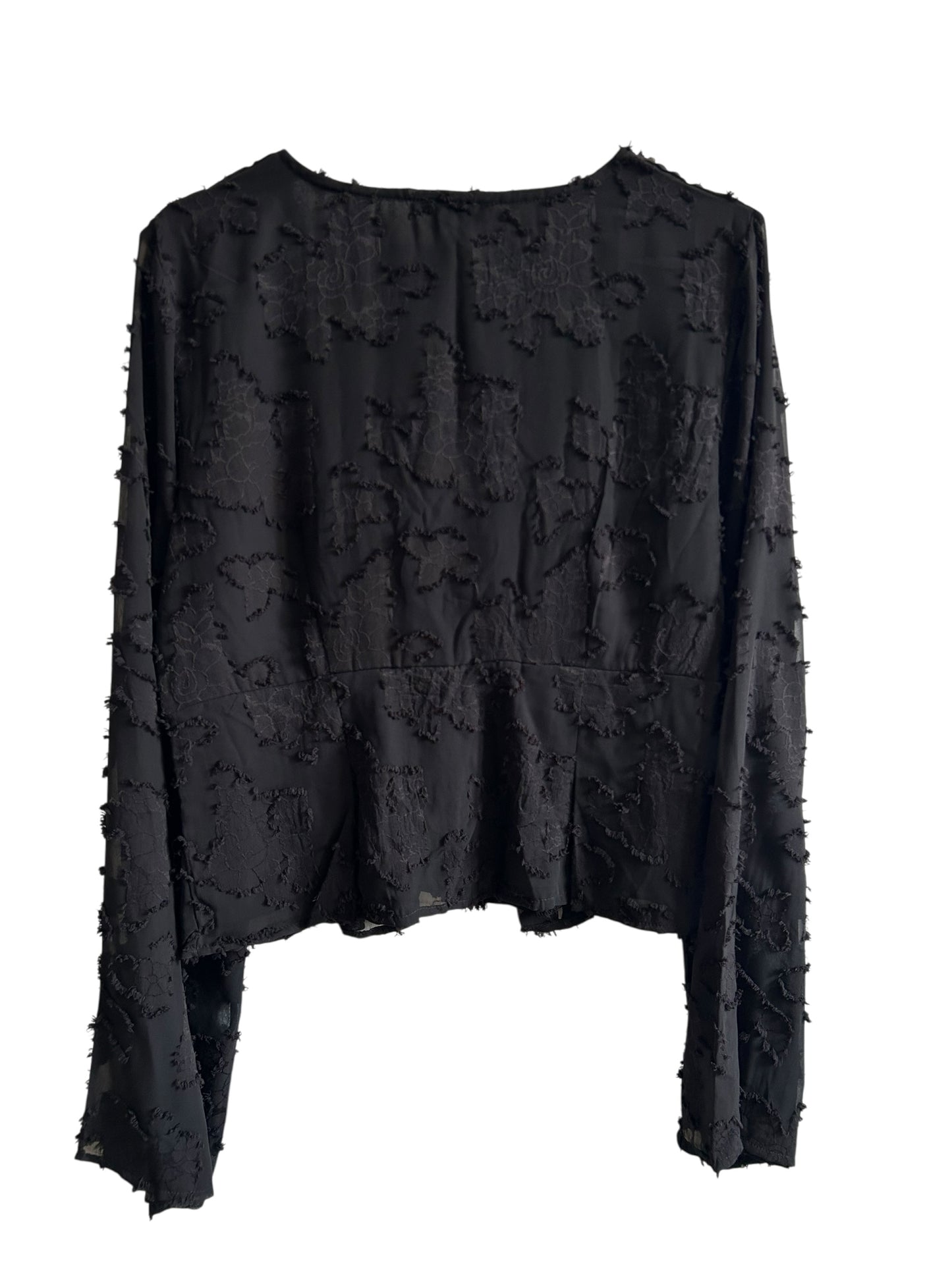 BOOHOO Floral textured button-down blouse with voluminous sheer sleeves.