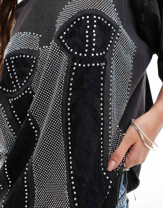 ASOS DESIGN oversized t-shirt with corset applique graphic in washed charcoal