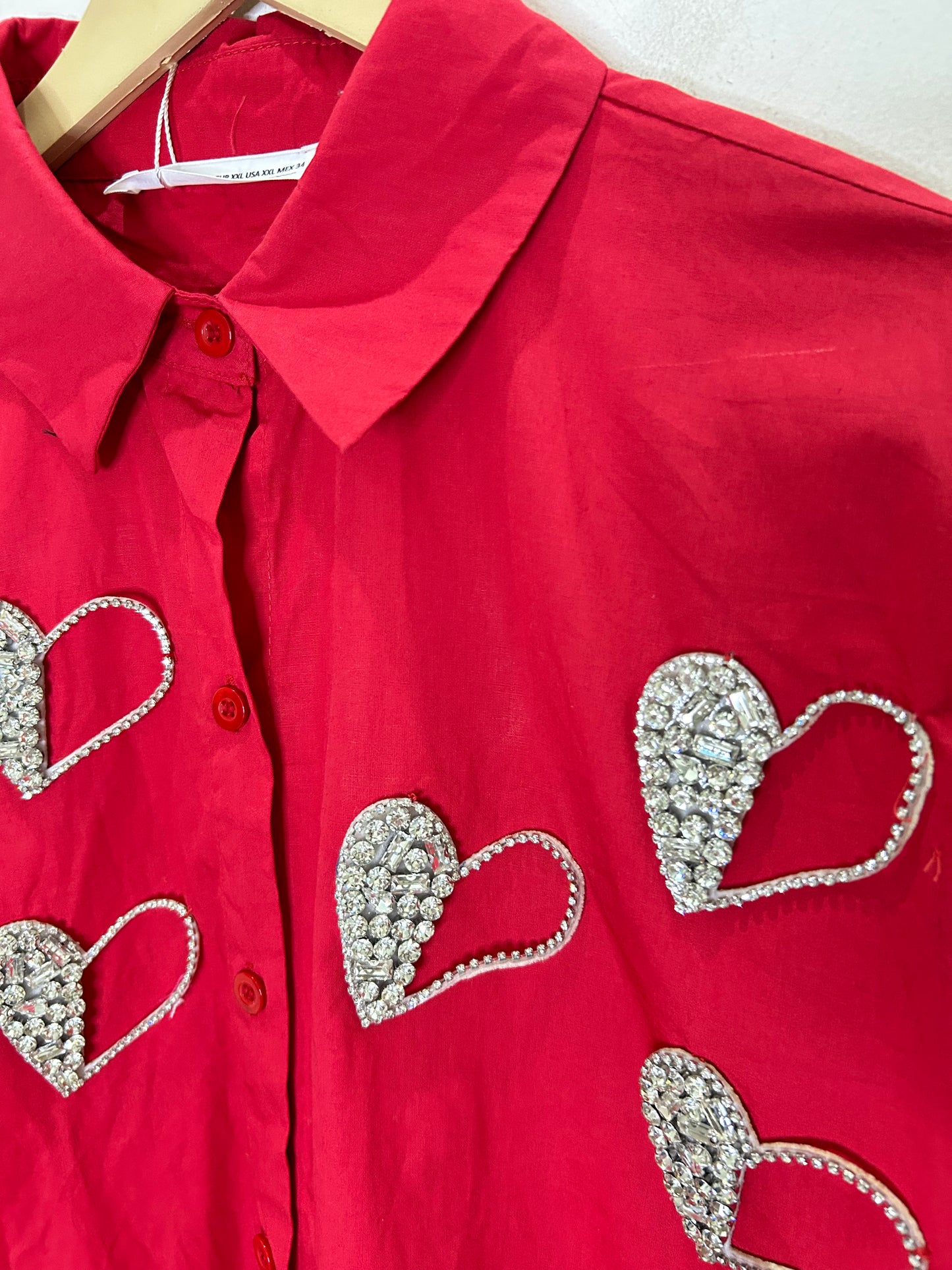 Heart Embellished Cotton Red Shirt