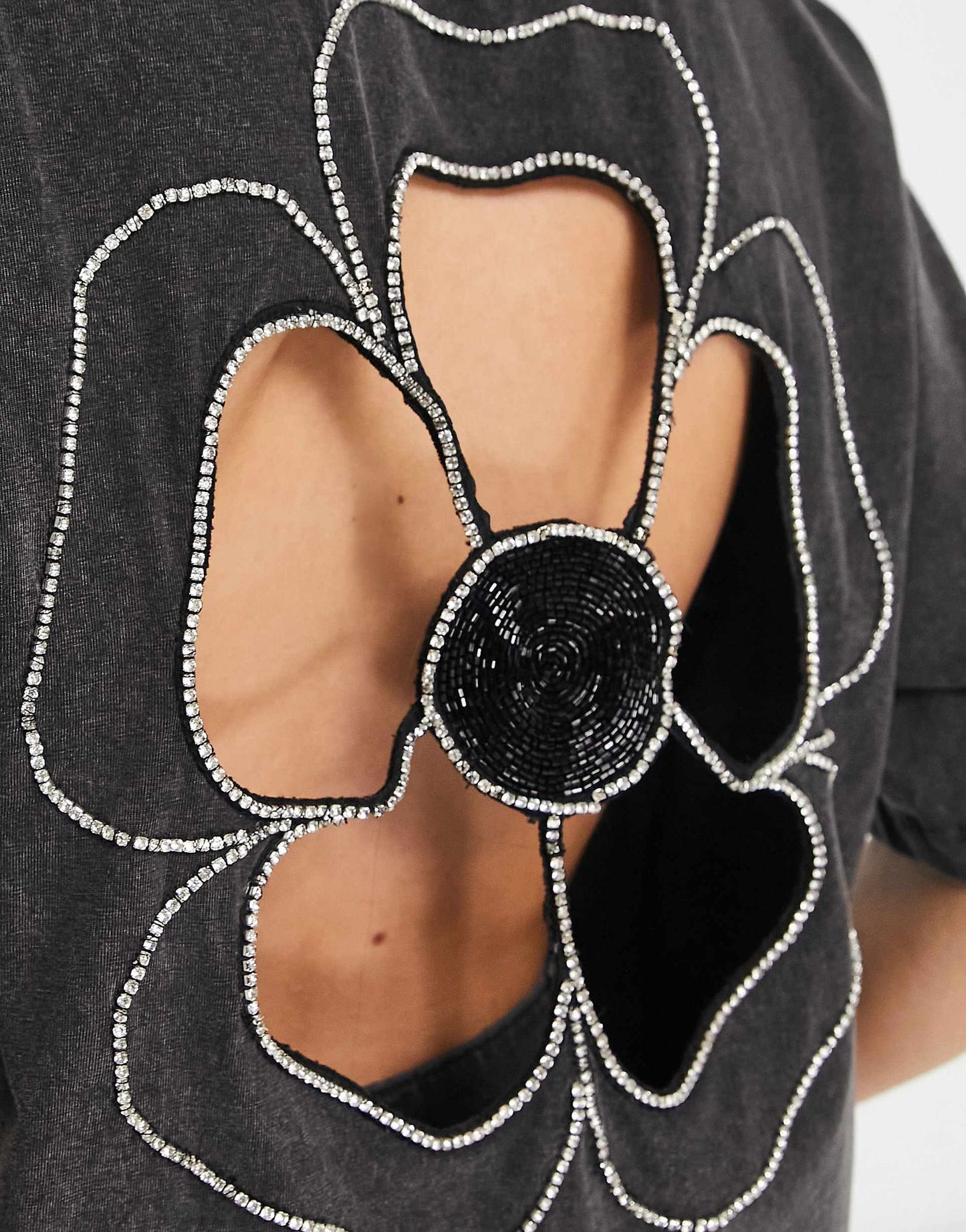 ASOS DESIGN boxy t-shirt with cut out diamante flower in washed charcoal