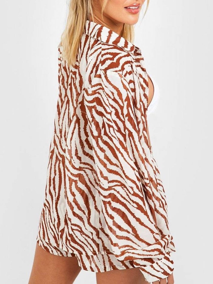 BOOHOO White and brown zebra print long-sleeve blouse