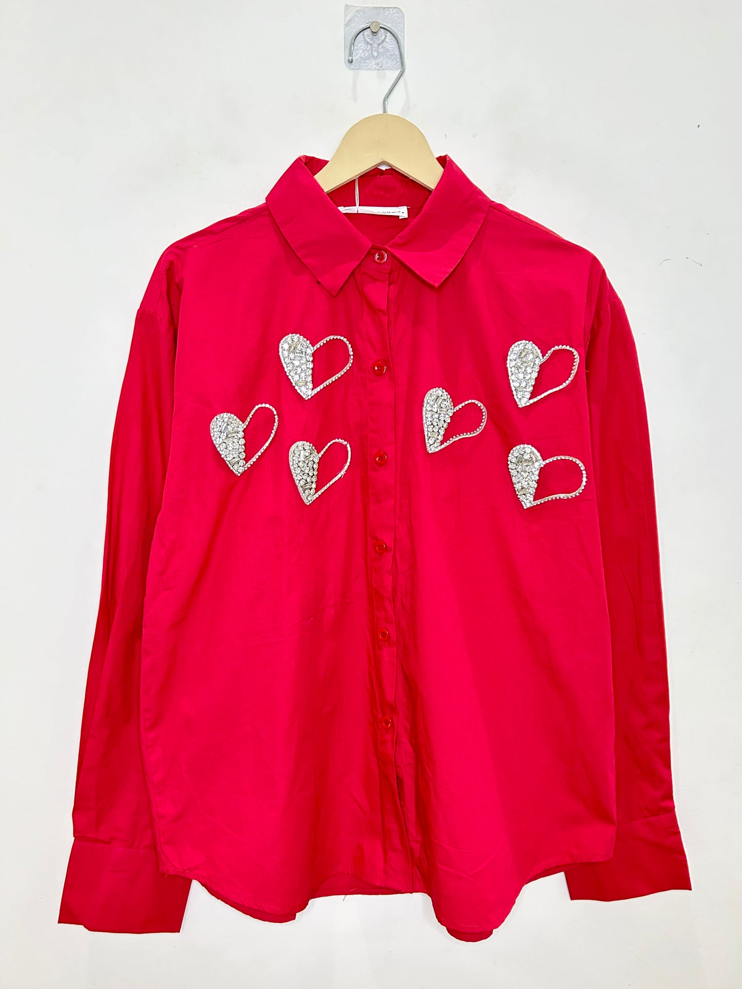 Heart Embellished Cotton Red Shirt