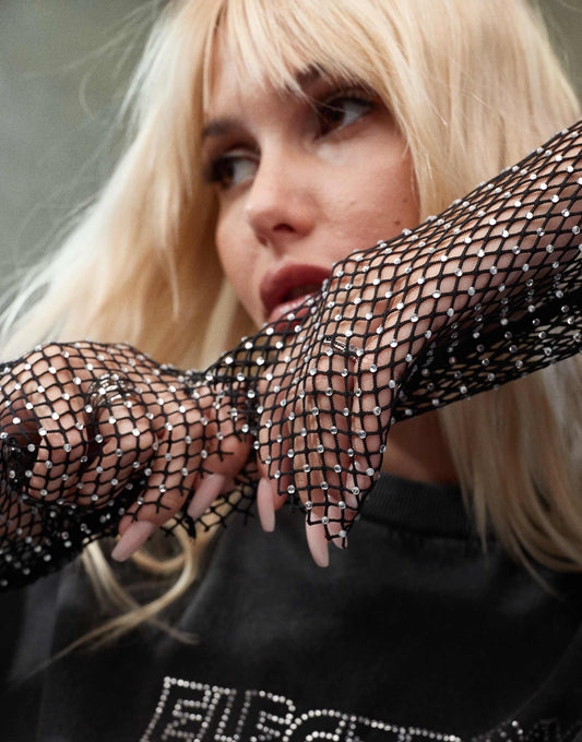 ASOS DESIGN double layer oversized t-shirt with indie embellished graphic and diamante fishnet sleeve in washed charcoal