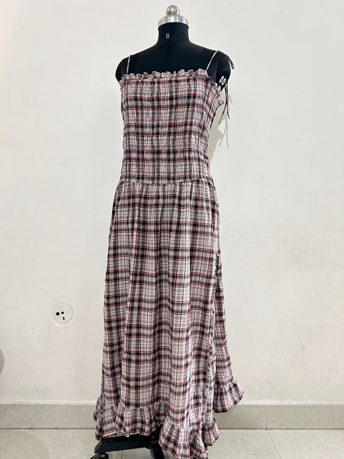 Charcoal Grey Check Shirred Body Asymetric Hem Midi Dress