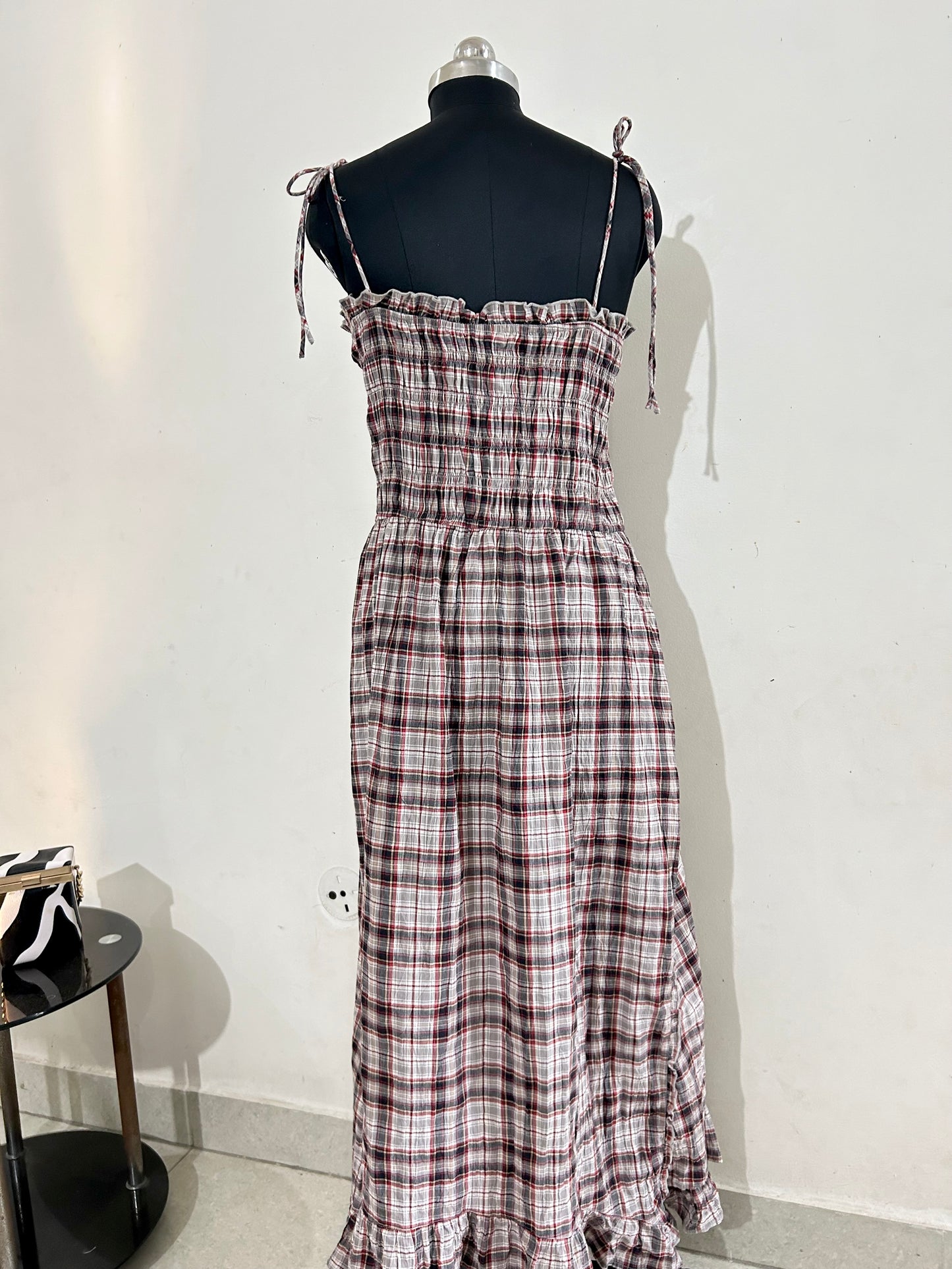 Charcoal Grey Check Shirred Body Asymetric Hem Midi Dress