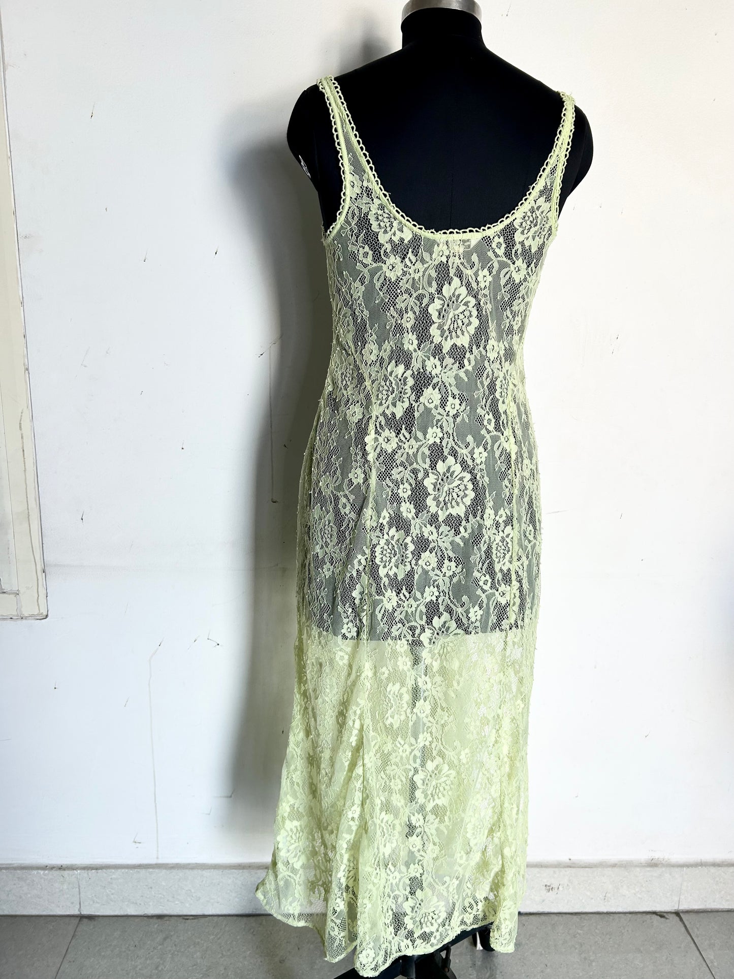 Miss Selfridge festival lace sheer strappy midi dress in lime green