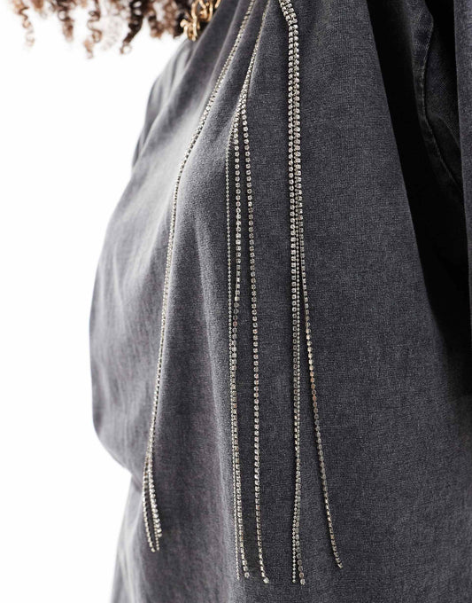 ASOS DESIGN oversized t-shirt with silver embellished necklace in washed charcoal