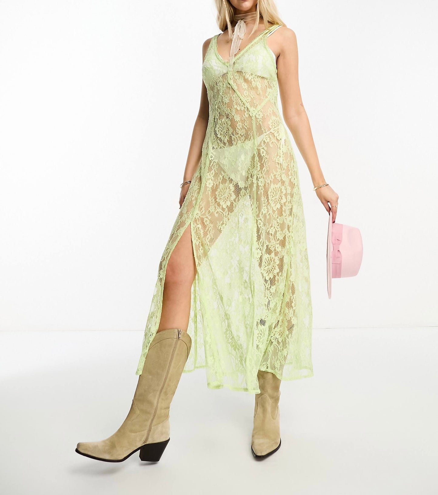 Miss Selfridge festival lace sheer strappy midi dress in lime green