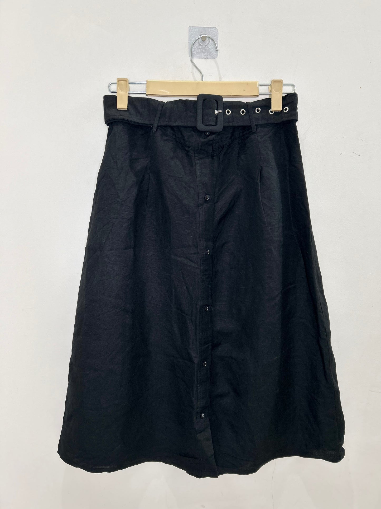 Linen Solid Black Skirt with Belt