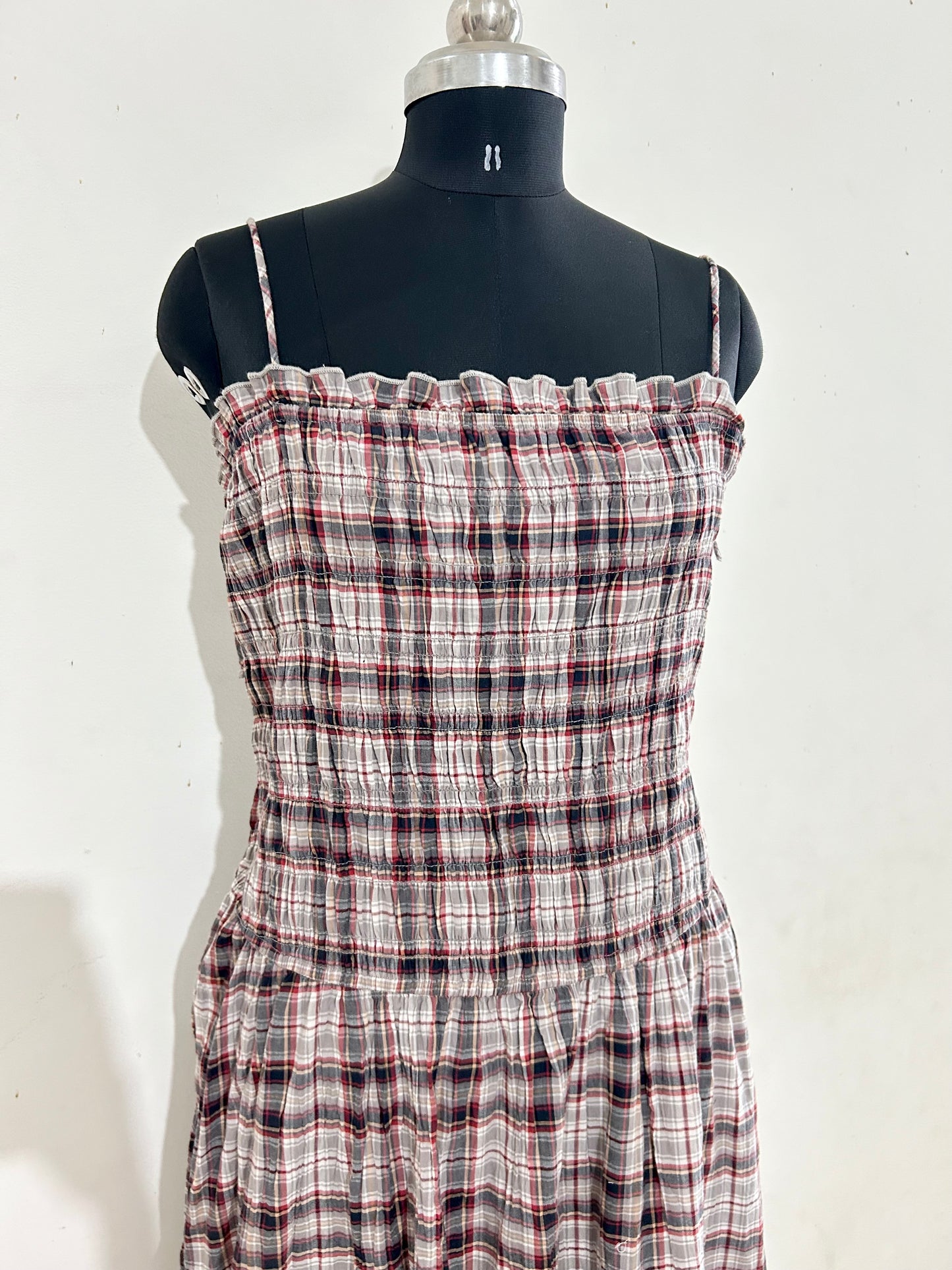 Charcoal Grey Check Shirred Body Asymetric Hem Midi Dress