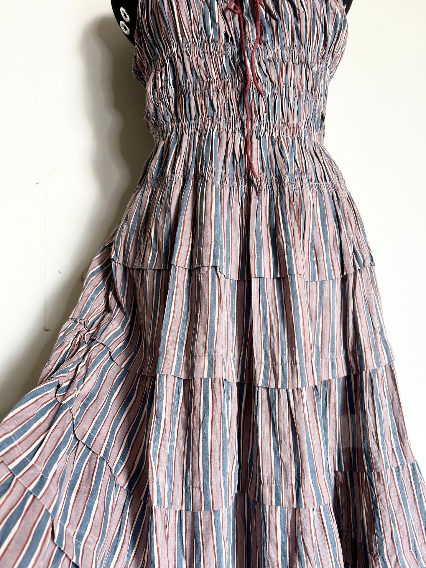 Striped Blue-Grey Cotton Ruffle Dress