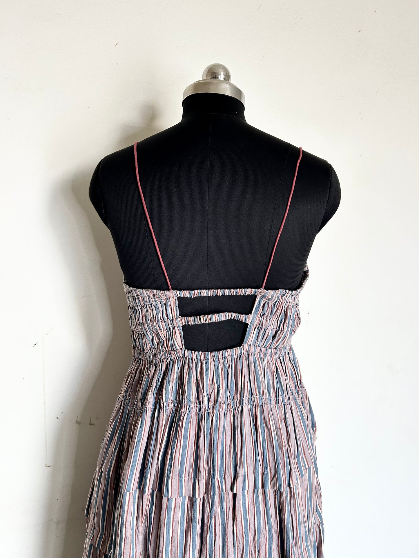 Striped Blue-Grey Cotton Ruffle Dress