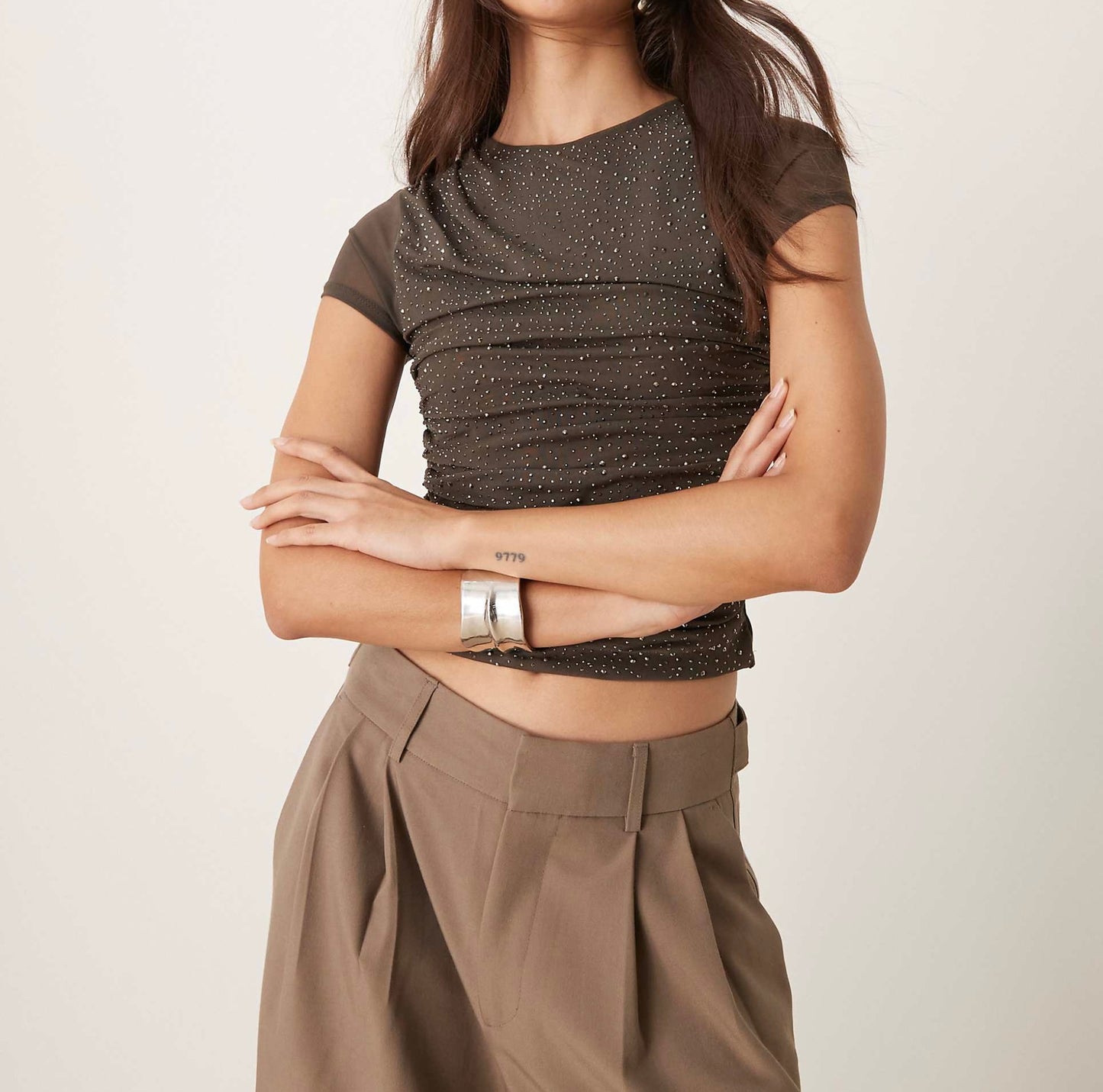 ASOS DESIGN hotfix mesh drape top with cap sleeve in charcoal