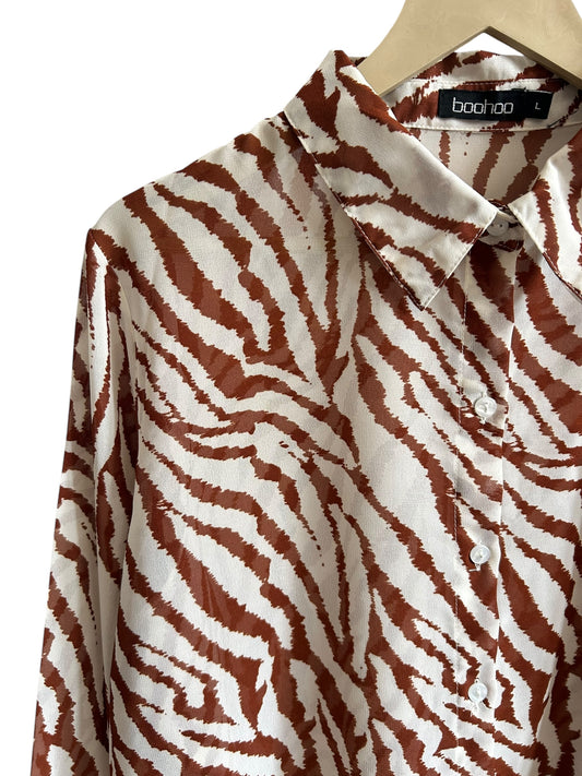 BOOHOO White and brown zebra print long-sleeve blouse