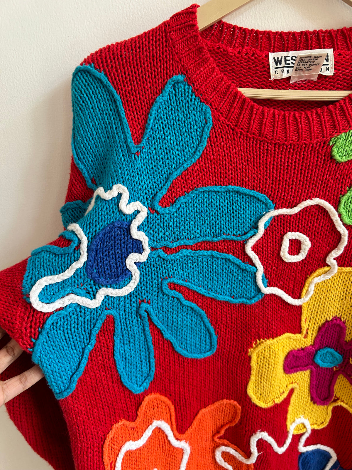 Pop Art Flower Knit Red Sweater