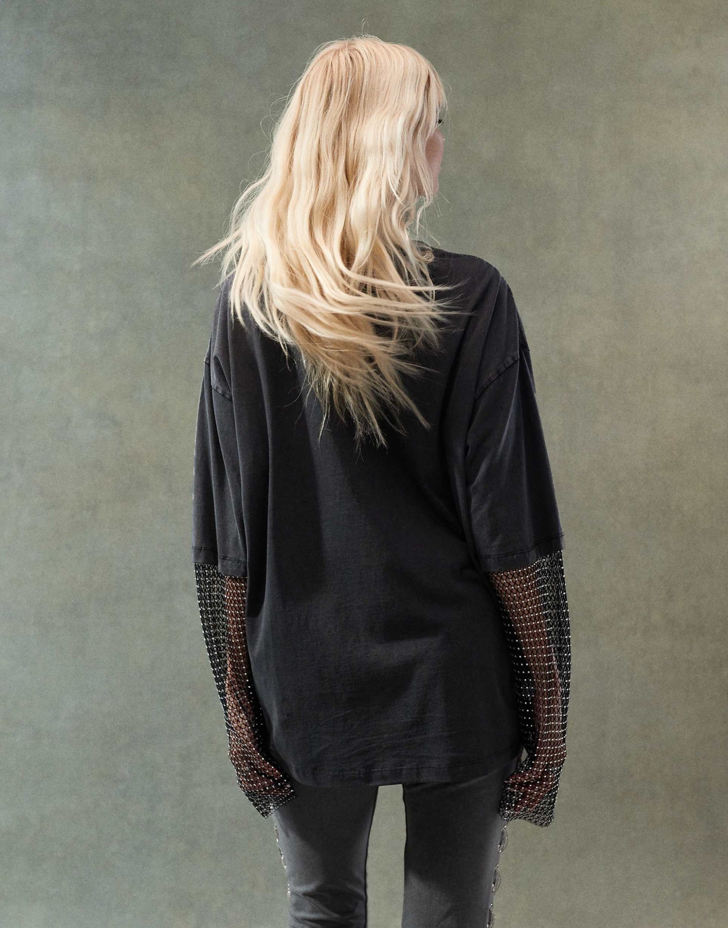 ASOS DESIGN double layer oversized t-shirt with indie embellished graphic and diamante fishnet sleeve in washed charcoal