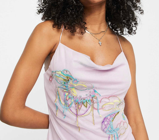 ASOS DESIGN strappy mini dress with butterfly embroidery in lilac