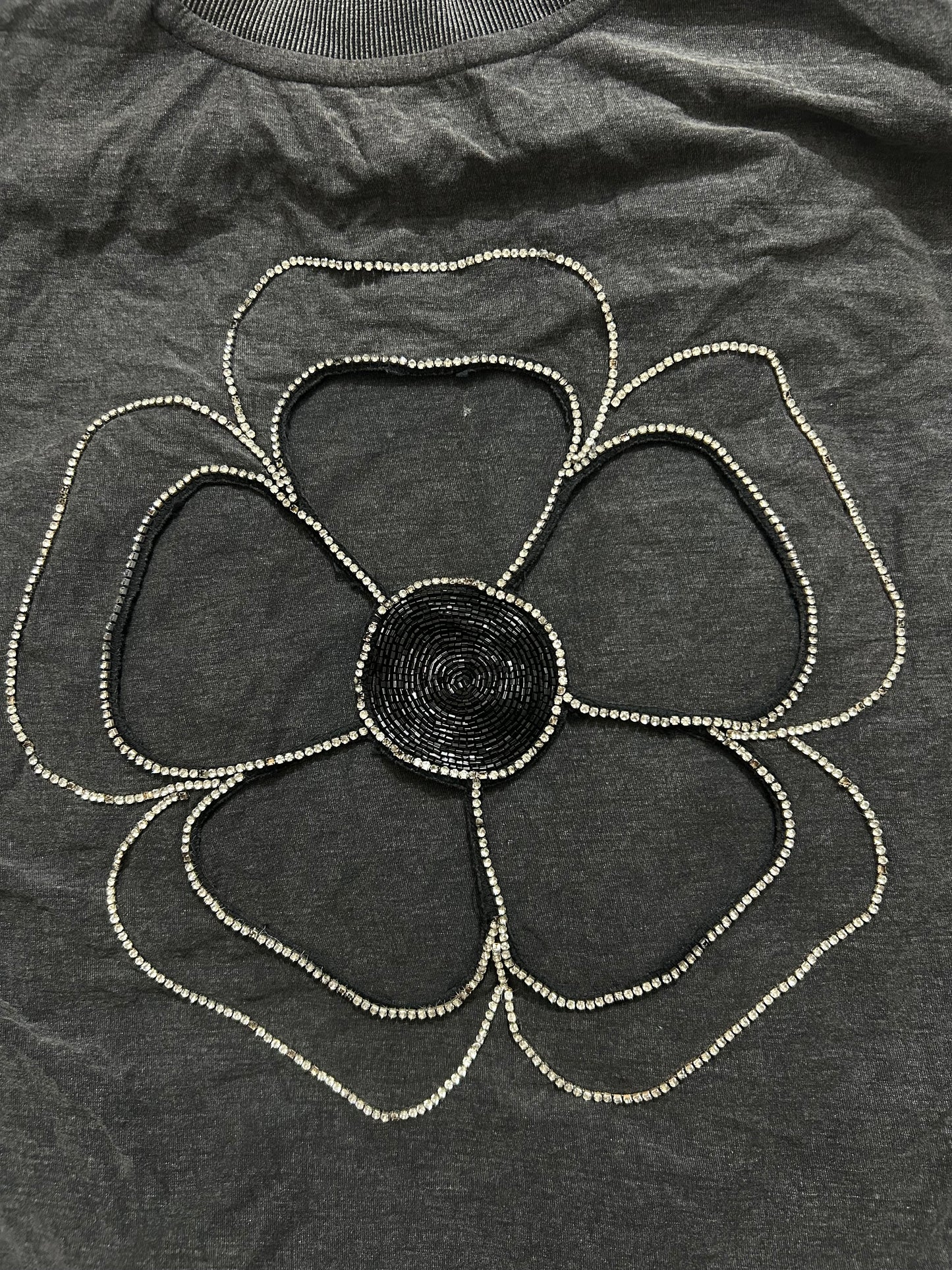 ASOS DESIGN boxy t-shirt with cut out diamante flower in washed charcoal