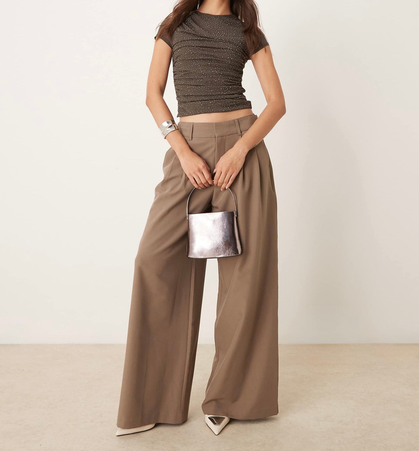 ASOS DESIGN hotfix mesh drape top with cap sleeve in charcoal