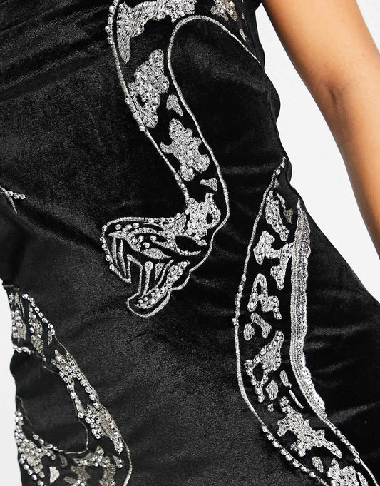 ASOS DESIGN sleeveless velvet mini dress with snake embellishment in black