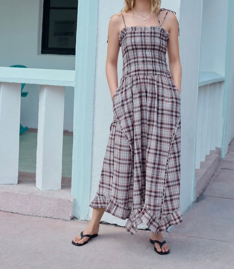 Charcoal Grey Check Shirred Body Asymetric Hem Midi Dress