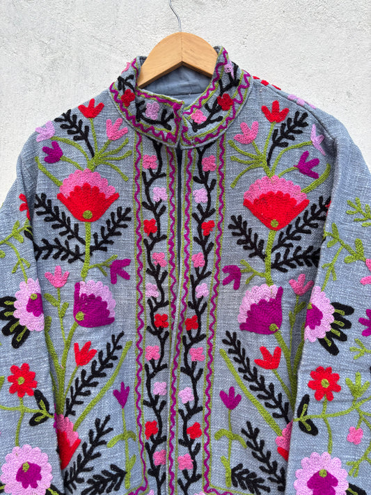 Grey Floral Embroidered Suzani Jacket: 46"