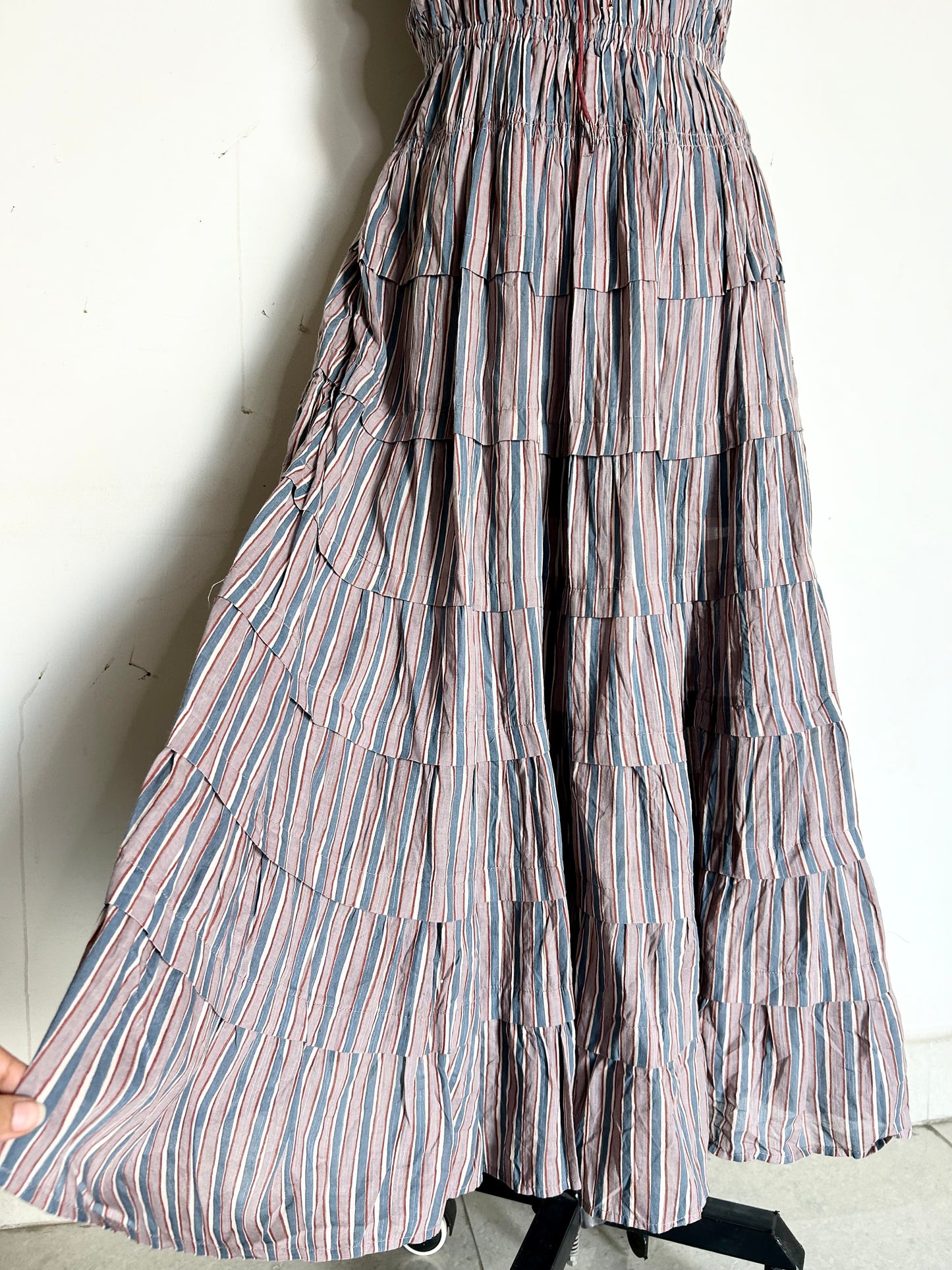 Striped Blue-Grey Cotton Ruffle Dress