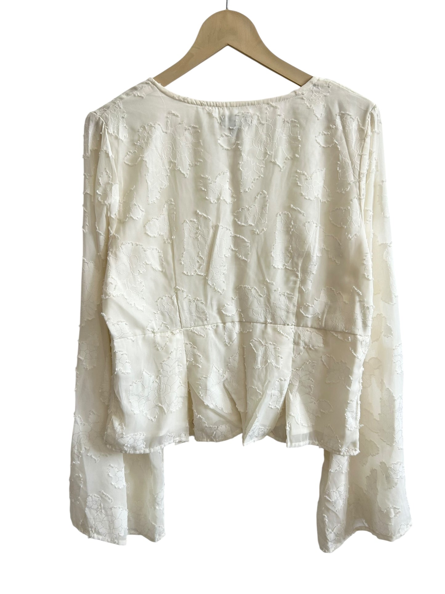 BOOHOO floral textured button down blouse features statement bell sleeves