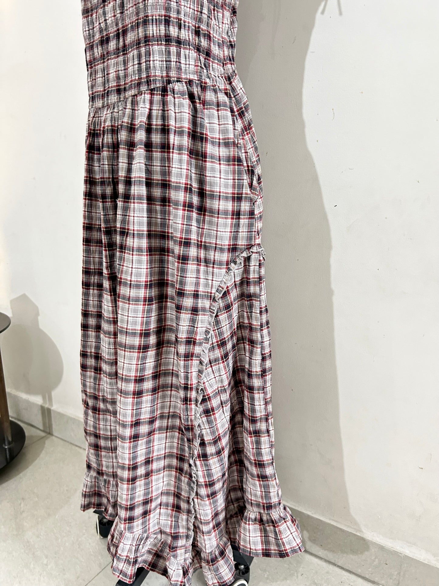 Charcoal Grey Check Shirred Body Asymetric Hem Midi Dress