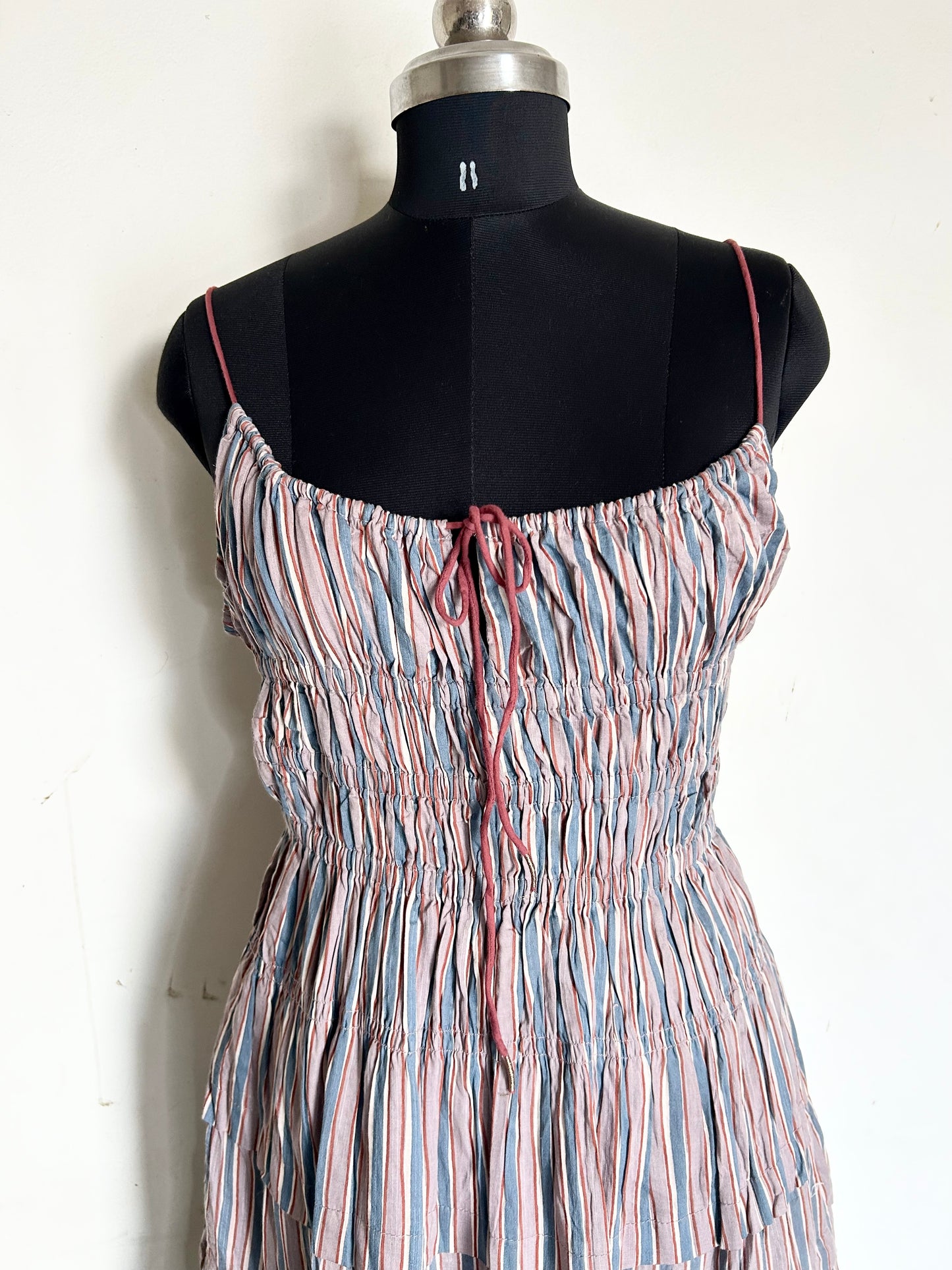 Striped Blue-Grey Cotton Ruffle Dress
