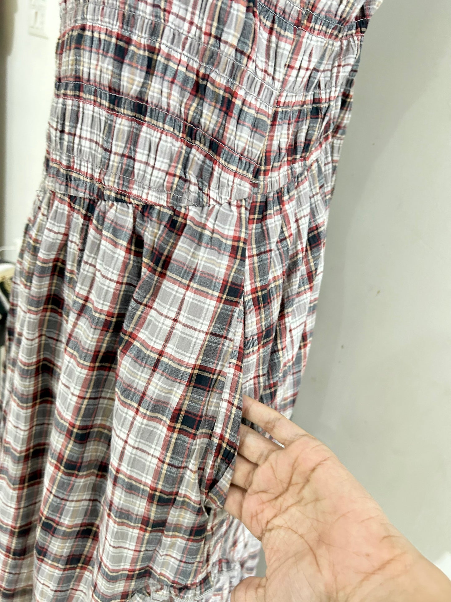 Charcoal Grey Check Shirred Body Asymetric Hem Midi Dress