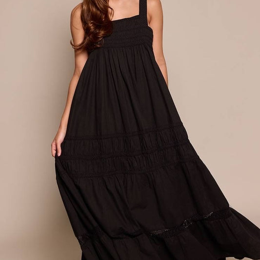 Black LINEN LOOK EMBROIDERED DETAIL MAXI DRESS (Copy)