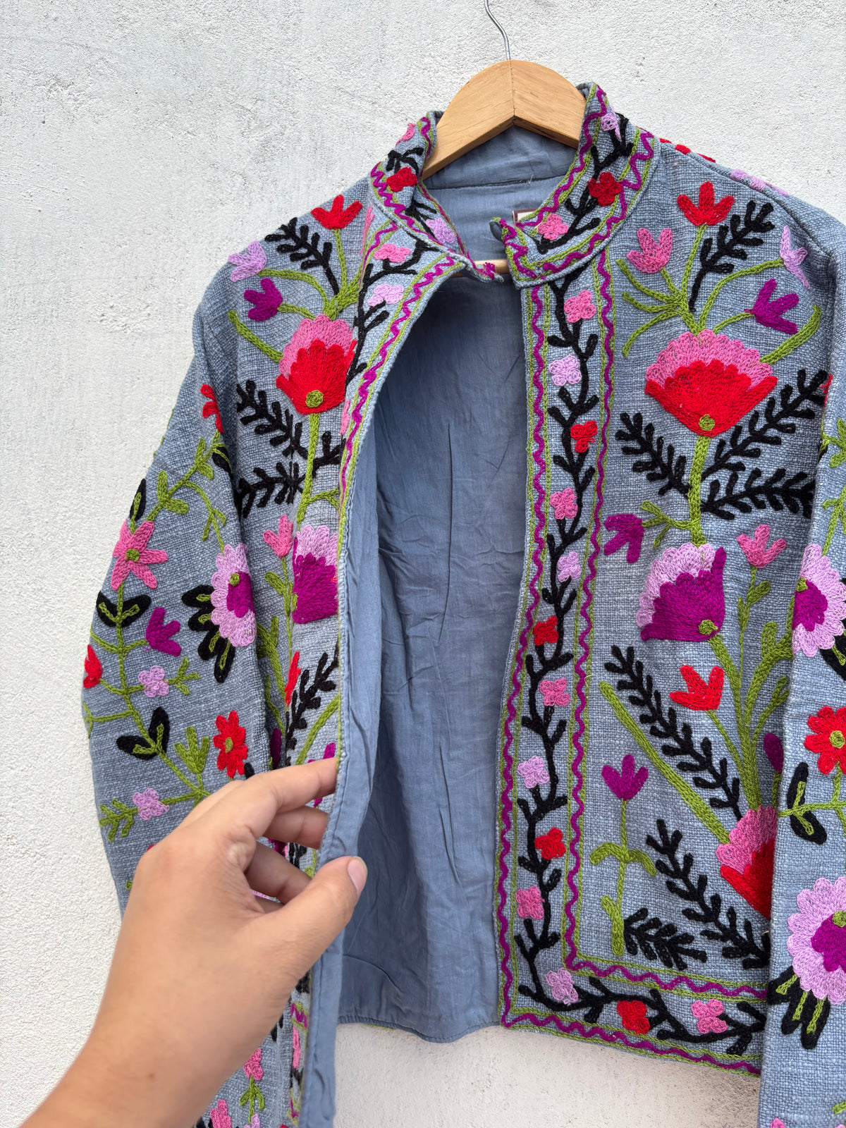 Grey Floral Embroidered Suzani Jacket: 46"