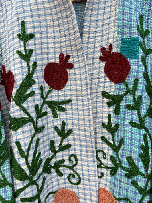 Blue Checkered Anar Motif Kantha Embroidery Jacket: 44"