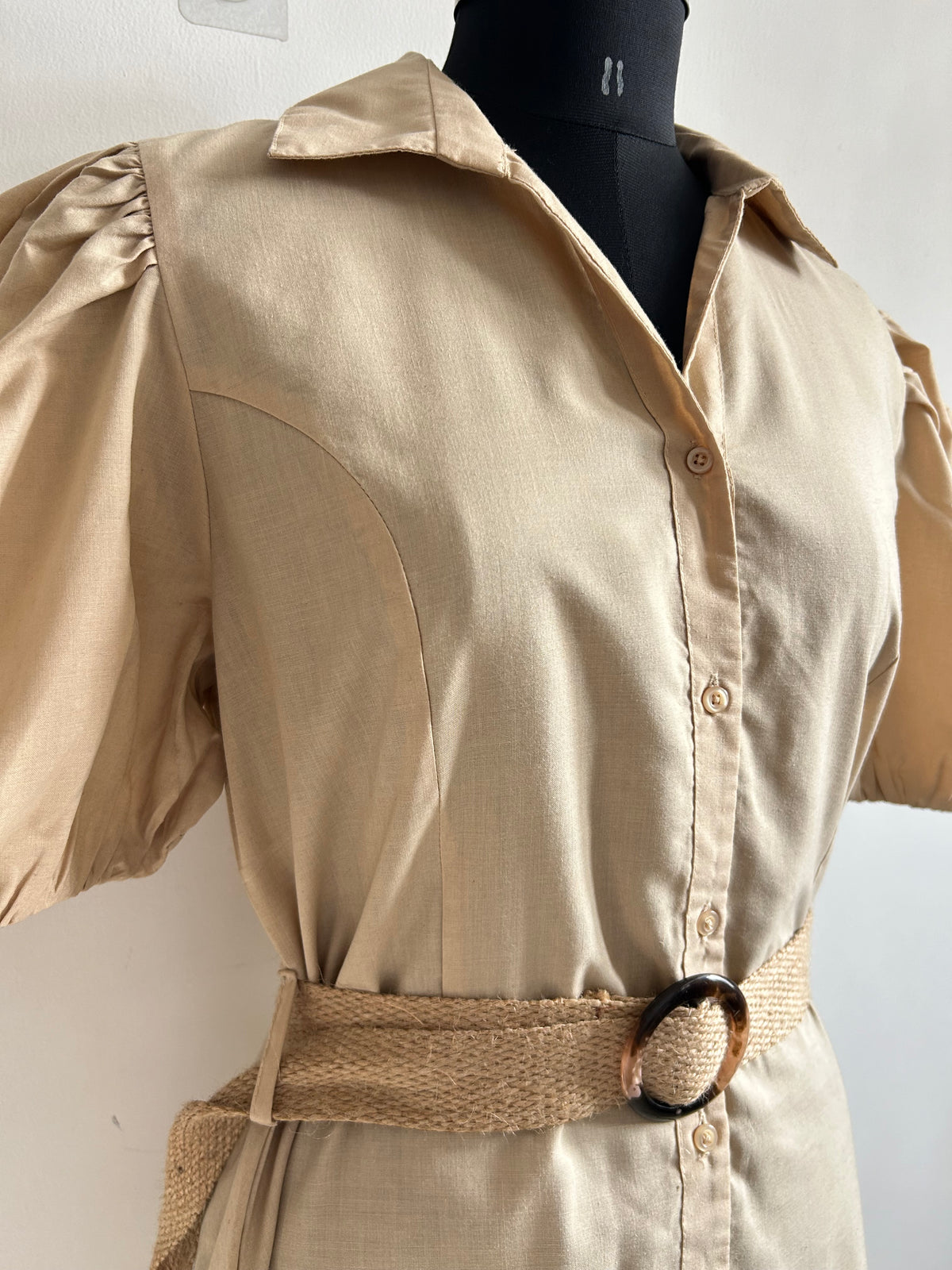 Beige Cotton Dress with Belt