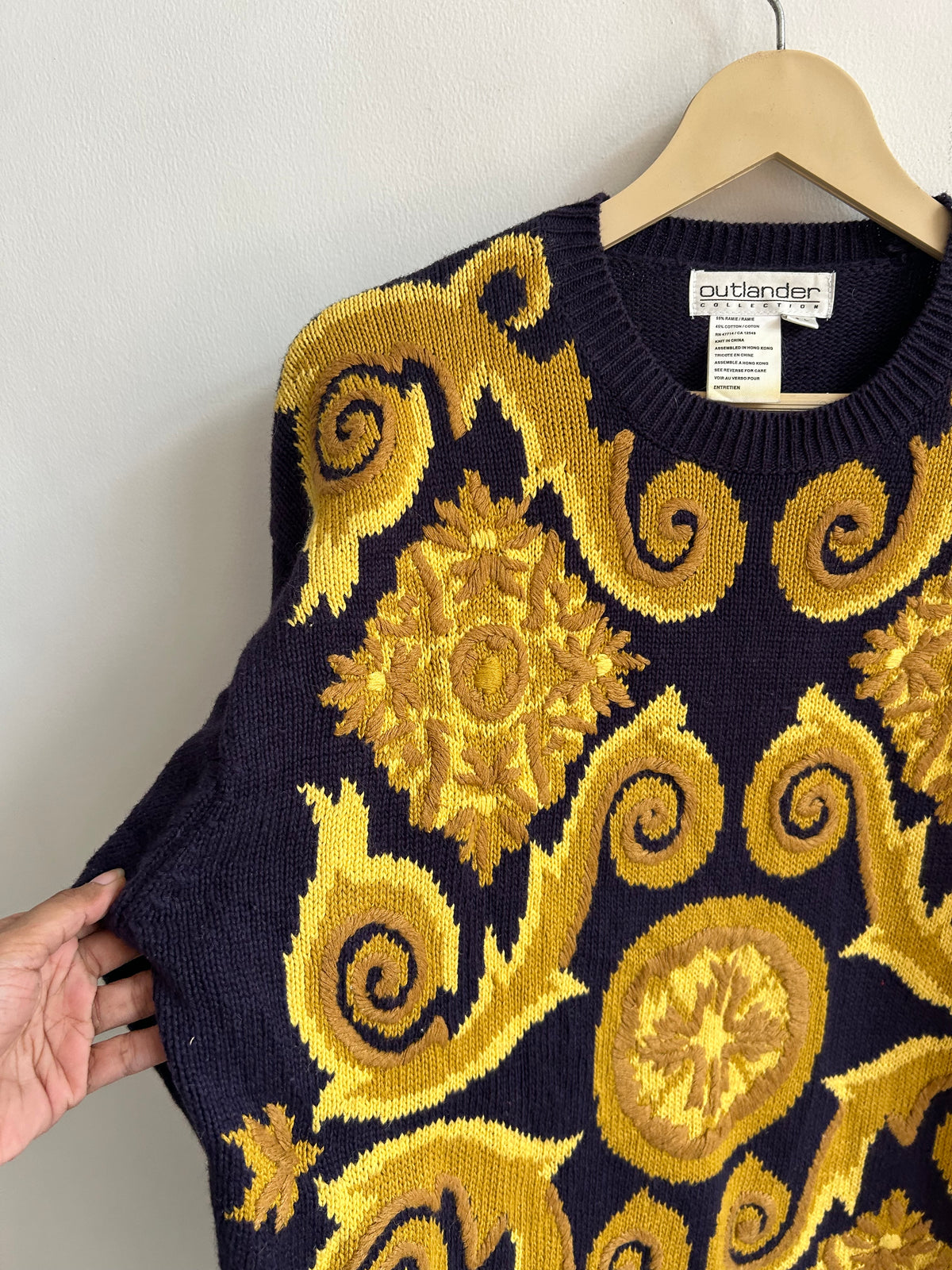 Vintage Baroque Gold Scrollwork Navy Blue Sweater