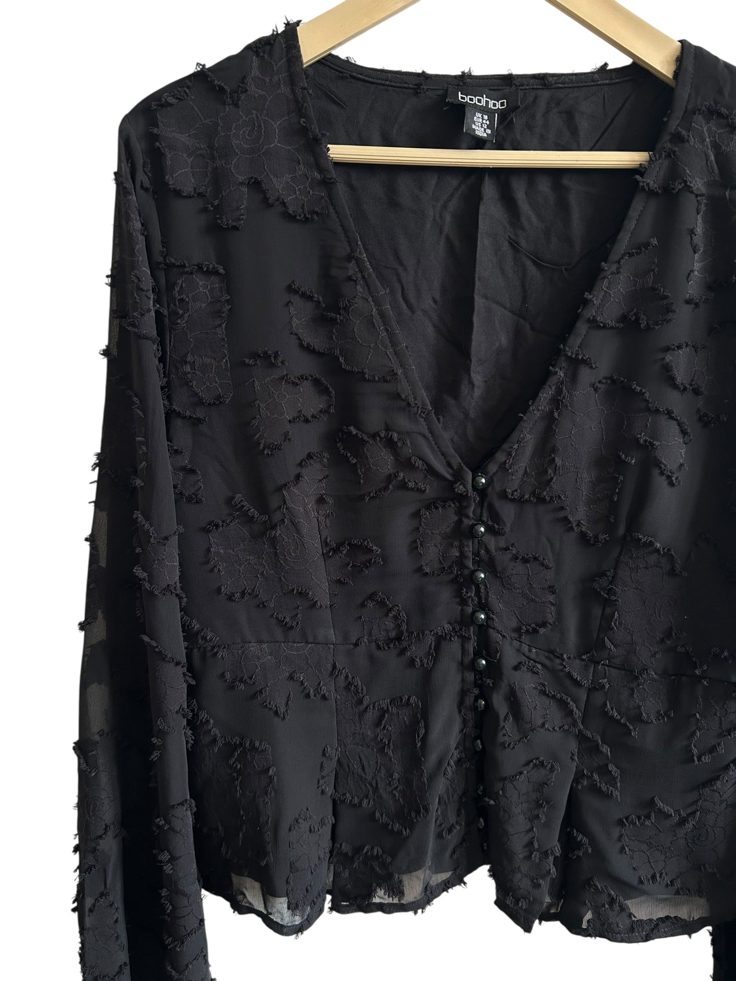 BOOHOO Floral textured button-down blouse with voluminous sheer sleeves.