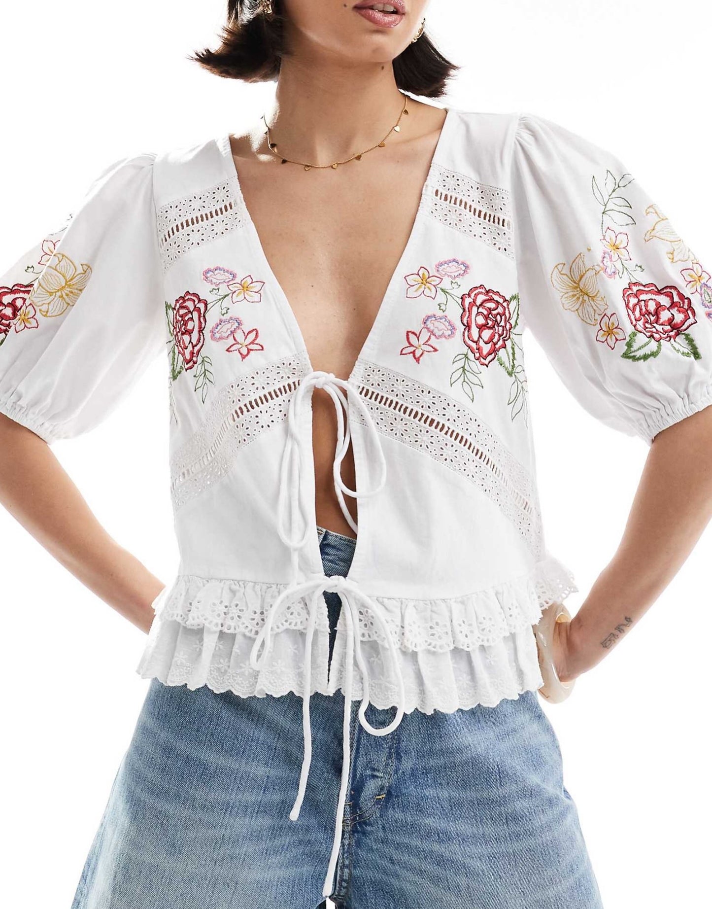 ASOS DESIGN tie front top with floral embroidery