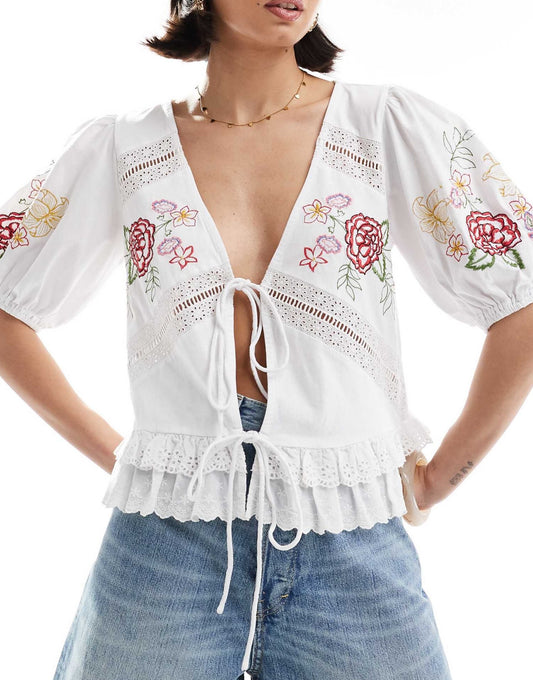 ASOS DESIGN tie front top with floral embroidery