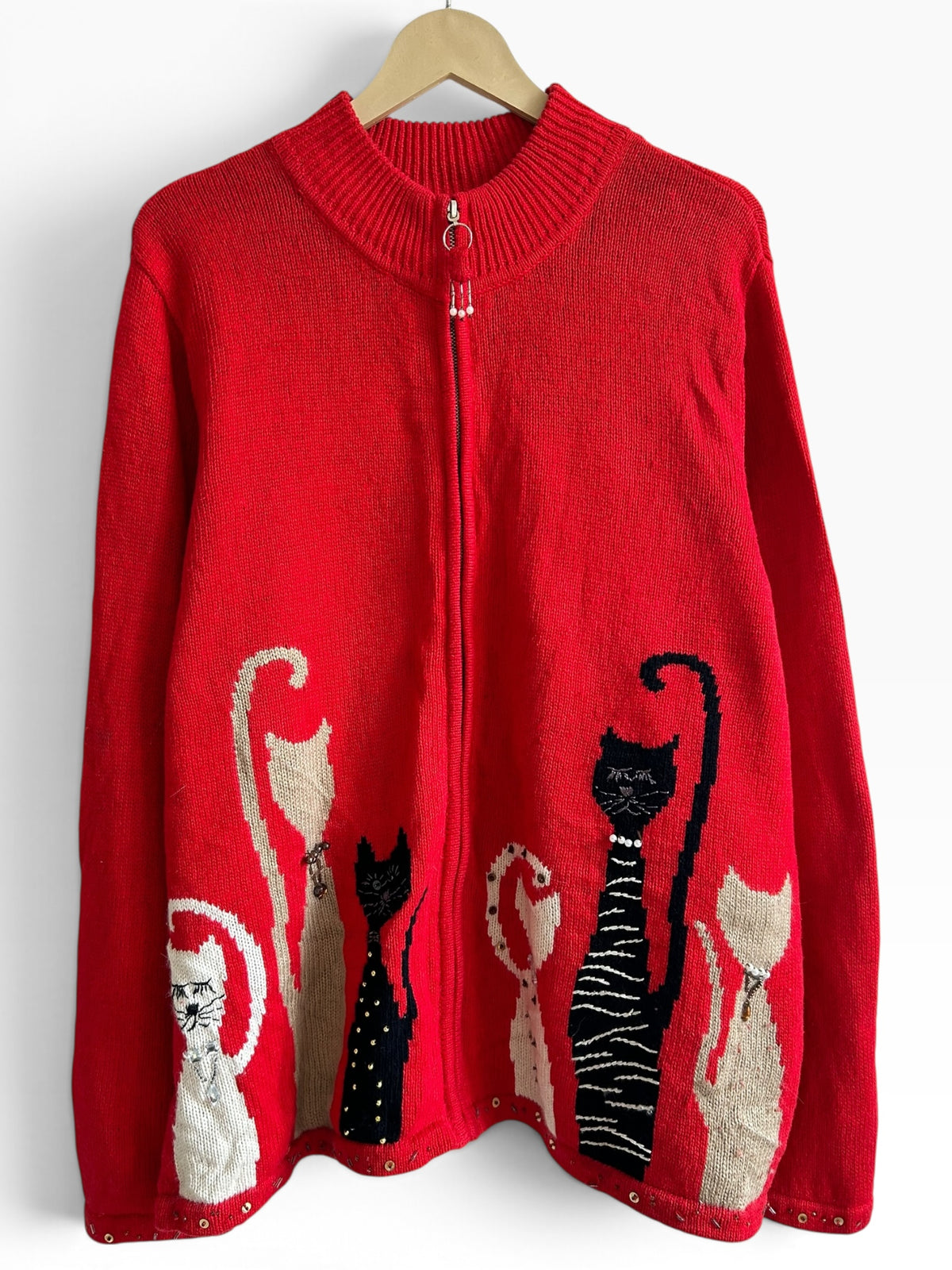 Vintage Red Zip Up Cat Sweater