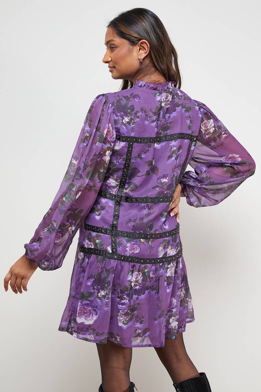 Oasis Printed Embellished Trim Detail Chiffon Dress