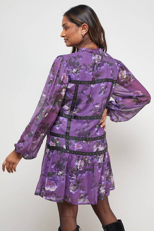 Oasis Printed Embellished Trim Detail Chiffon Dress