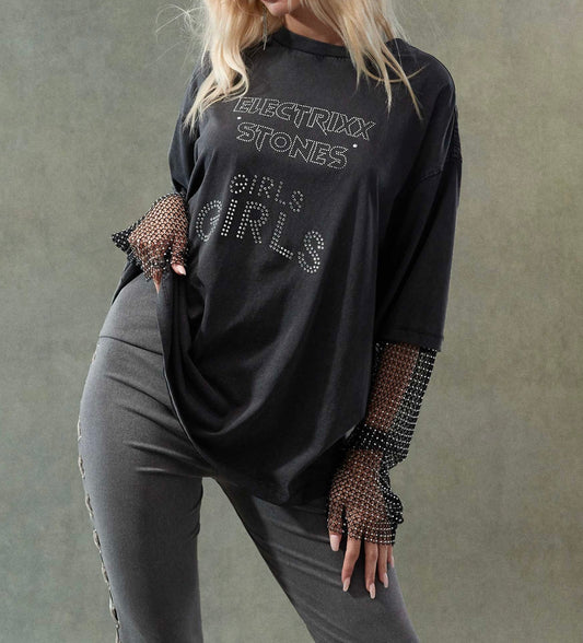 ASOS DESIGN double layer oversized t-shirt with indie embellished graphic and diamante fishnet sleeve in washed charcoal